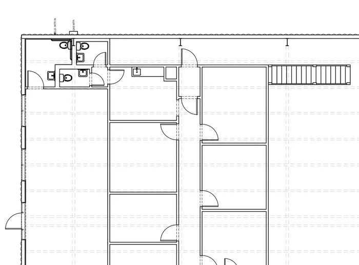 Close-up of the roof framing drawn dashed over the floor plan.