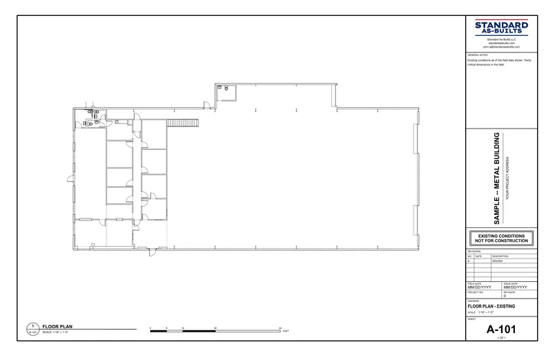 Sample existing-conditions floor plan of a metal building, an 11×17 A-101 sheet with title block.